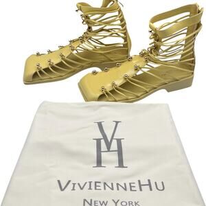 Vivienne Hu Studded Patent Leather Strappy Gladiator Sandals Lemon Yellow Sz 10